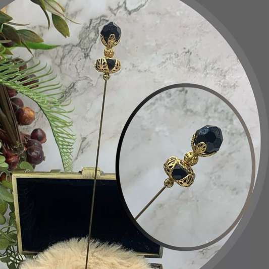 Black Crystal - Gold Tone Findings - 8” Pin • Hatpin - Stick Pin