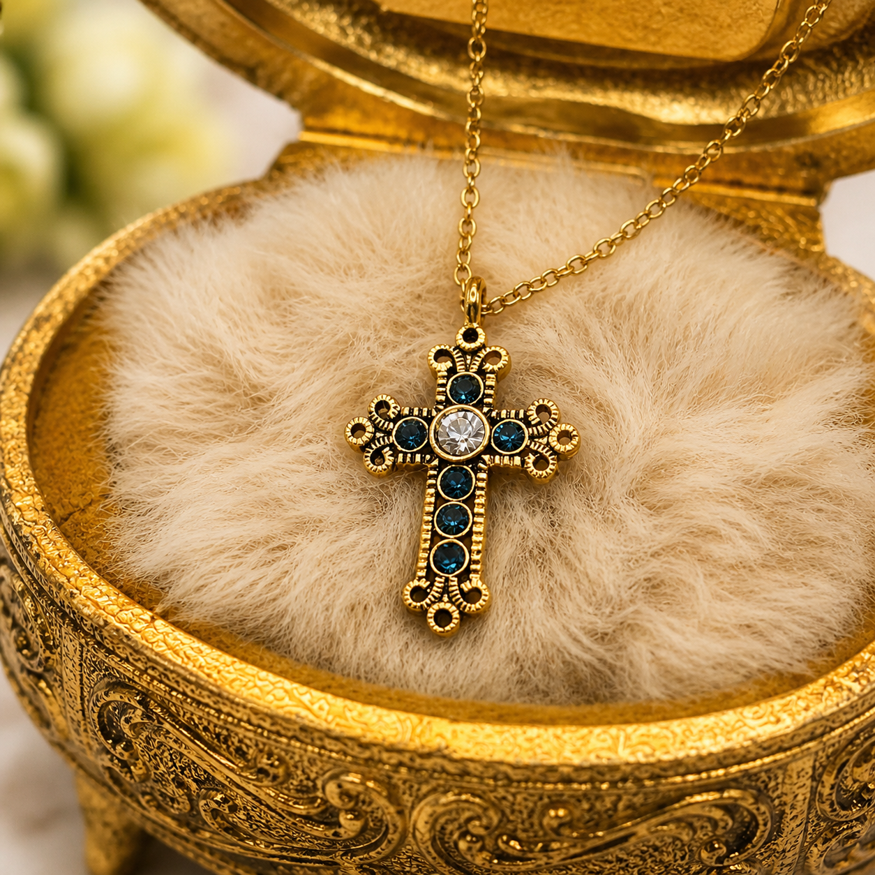 Blue Rhinestone Gold Cross Pendant Doll Necklace • 18 Inch Fashion Doll Jewelry