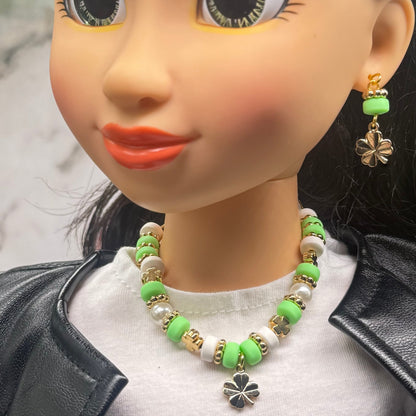 Green White Beaded Gold Four-Leaf Clover Charms Doll Necklace & Earrings • 18 Inch Fashion Doll Jewelry