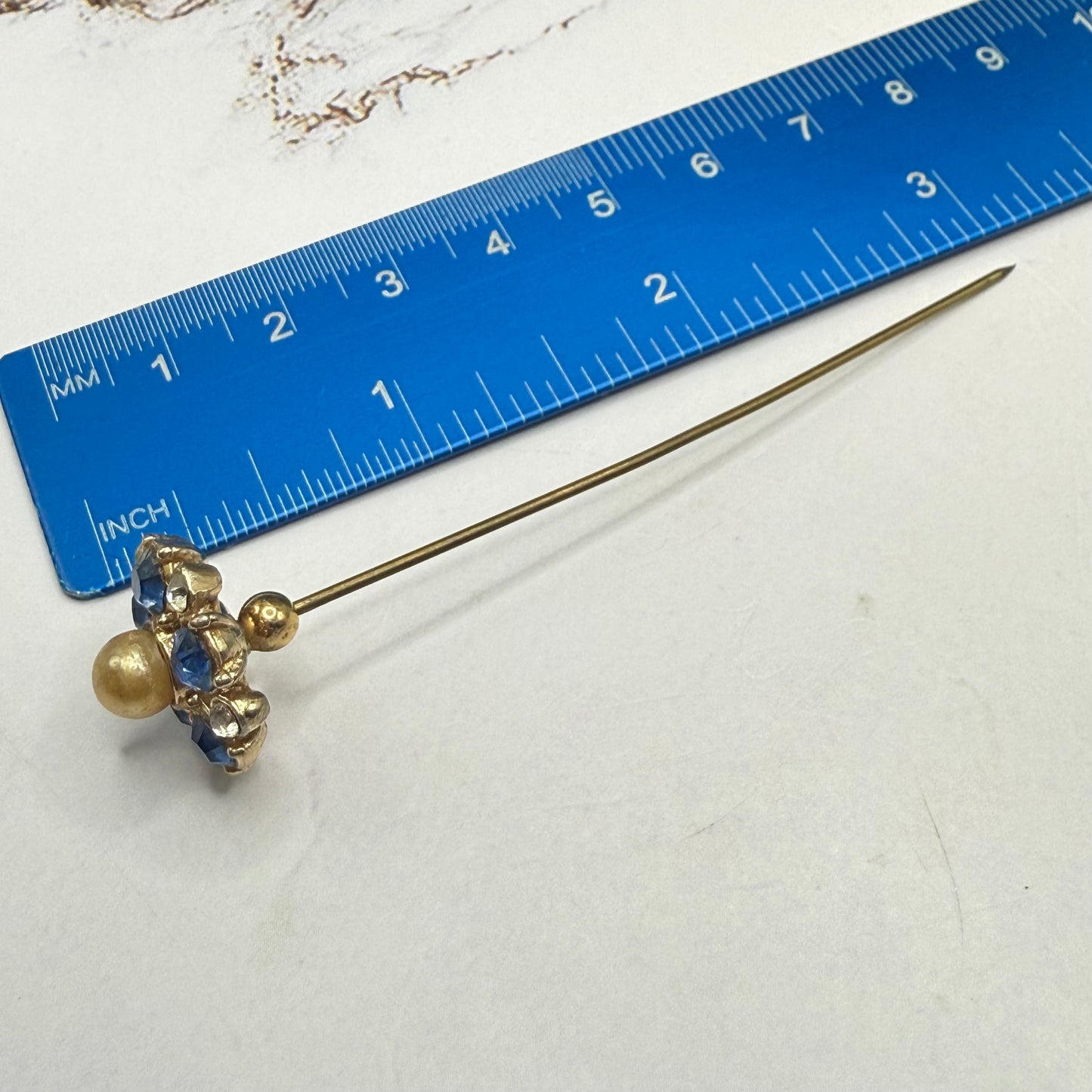 Blue & Clear Rhinestone Pearl Center Flower Design Gold Tone Stick Pin Hatpin