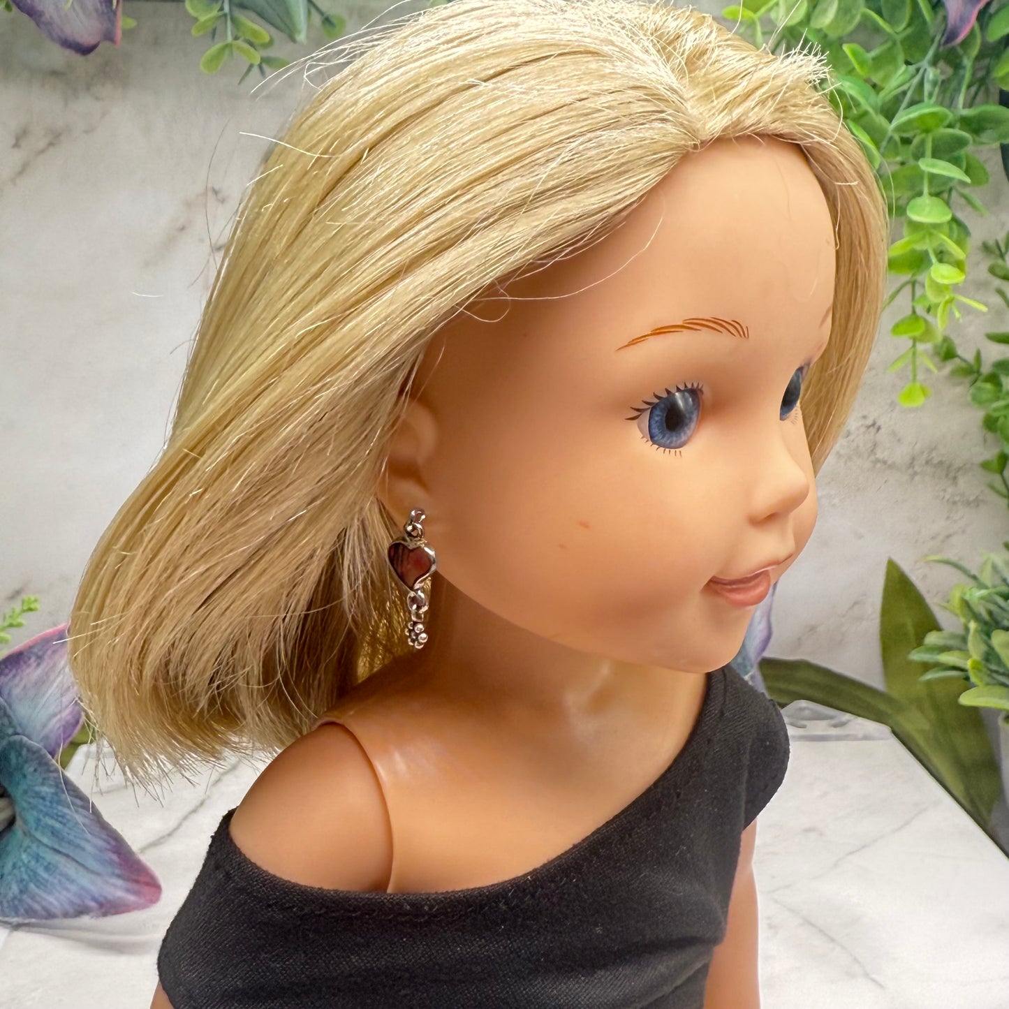 Burgundy Rust Abalone Heart Silver Dangle Doll Earrings • 14 Inch Doll Jewelry