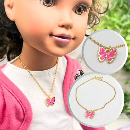 Pink Enamel Butterfly Charm Gold Doll Necklace • 18 Inch Fashion Doll Jewelry