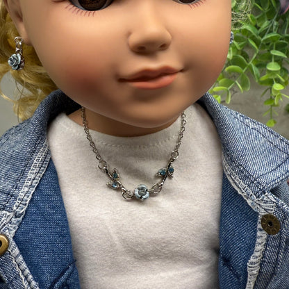 Light Blue Rose Enamel Rhinestone Silver Doll Necklace & Earrings Set • 18 Inch Fashion Doll Jewelry