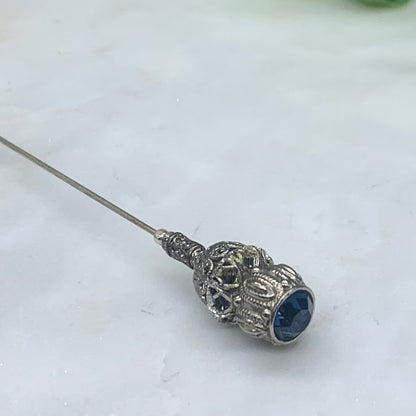 Blue Rhinestone Silver Filigree - 8.5” • Hatpin - Stick Pin