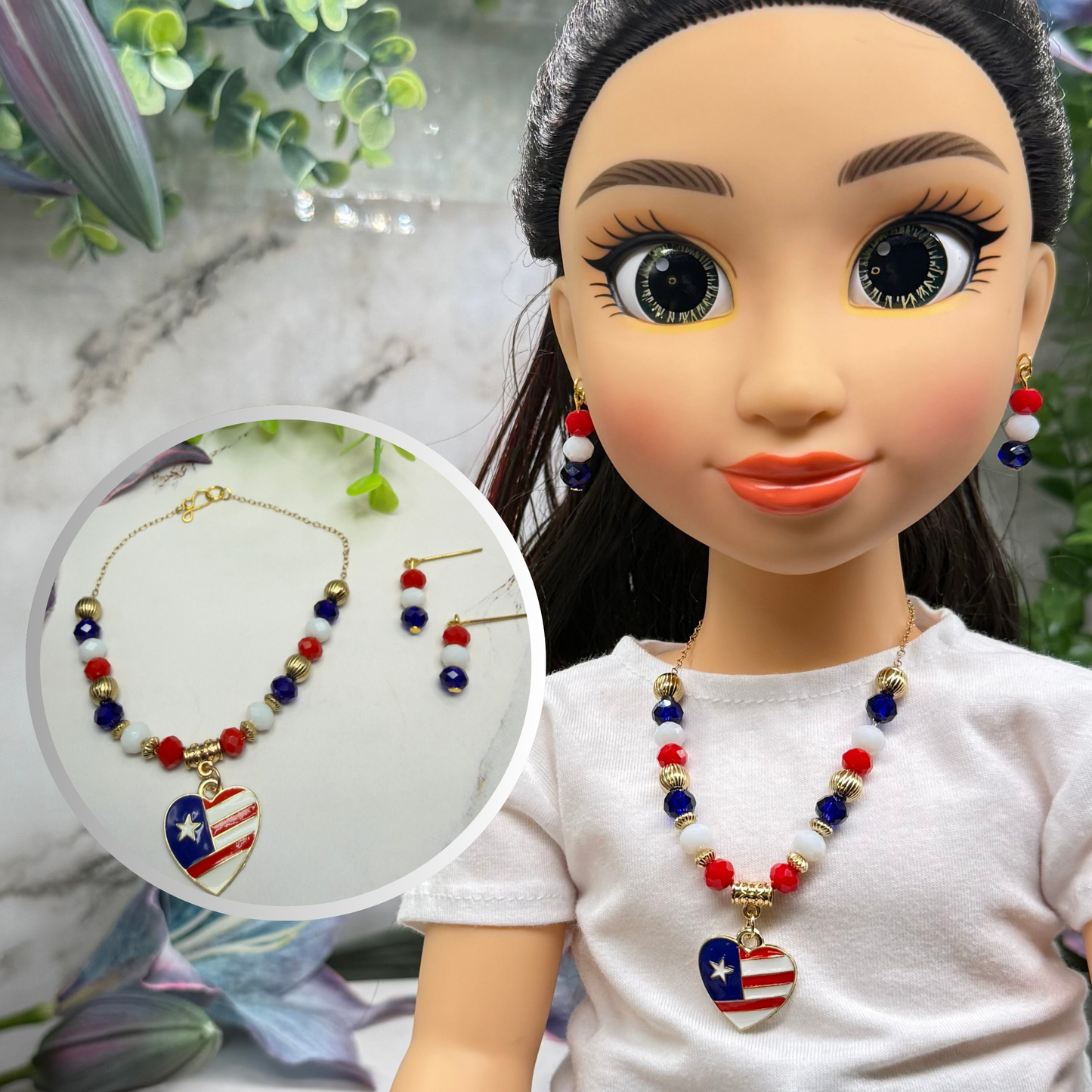 Red White Blue Beaded Heart Charm American Flag Doll Necklace & Earrings for 18 Inch Fashion Doll