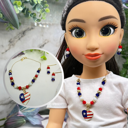 Red White Blue Beaded Heart Charm American Flag Doll Necklace & Earrings for 18 Inch Fashion Doll