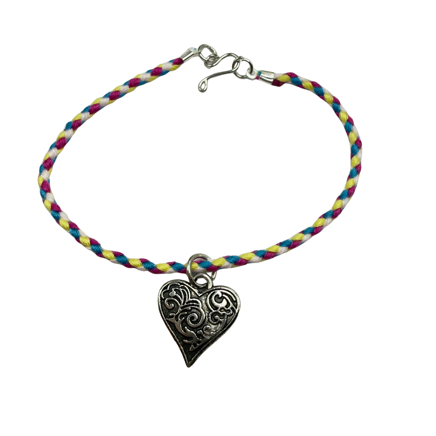Braided Thread Purple Blue Yellow Doll Necklace w/ Silver Heart Charm • 18 Inch Fashion Doll Jewelry