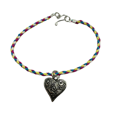 Braided Thread Purple Blue Yellow Doll Necklace w/ Silver Heart Charm • 18 Inch Fashion Doll Jewelry