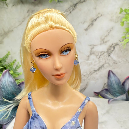 Blue Glass Crystal & Gold Dangle Doll Earrings • 16 Inch Fashion Doll Jewelry