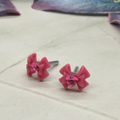 Pink Bow Heart Rhinestone 2mm Post Doll Earrings • fits 18 Inch Fashion Dolls
