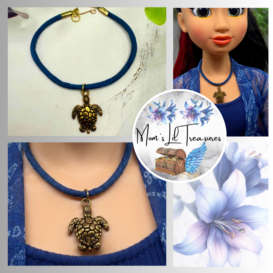Gold Turtle Charm Blue Fabric Cord Doll Necklace • 18 Inch Fashion Doll Jewelry