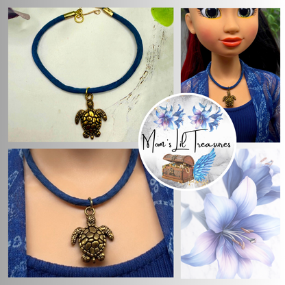 Gold Turtle Charm Blue Fabric Cord Doll Necklace • 18 Inch Fashion Doll Jewelry