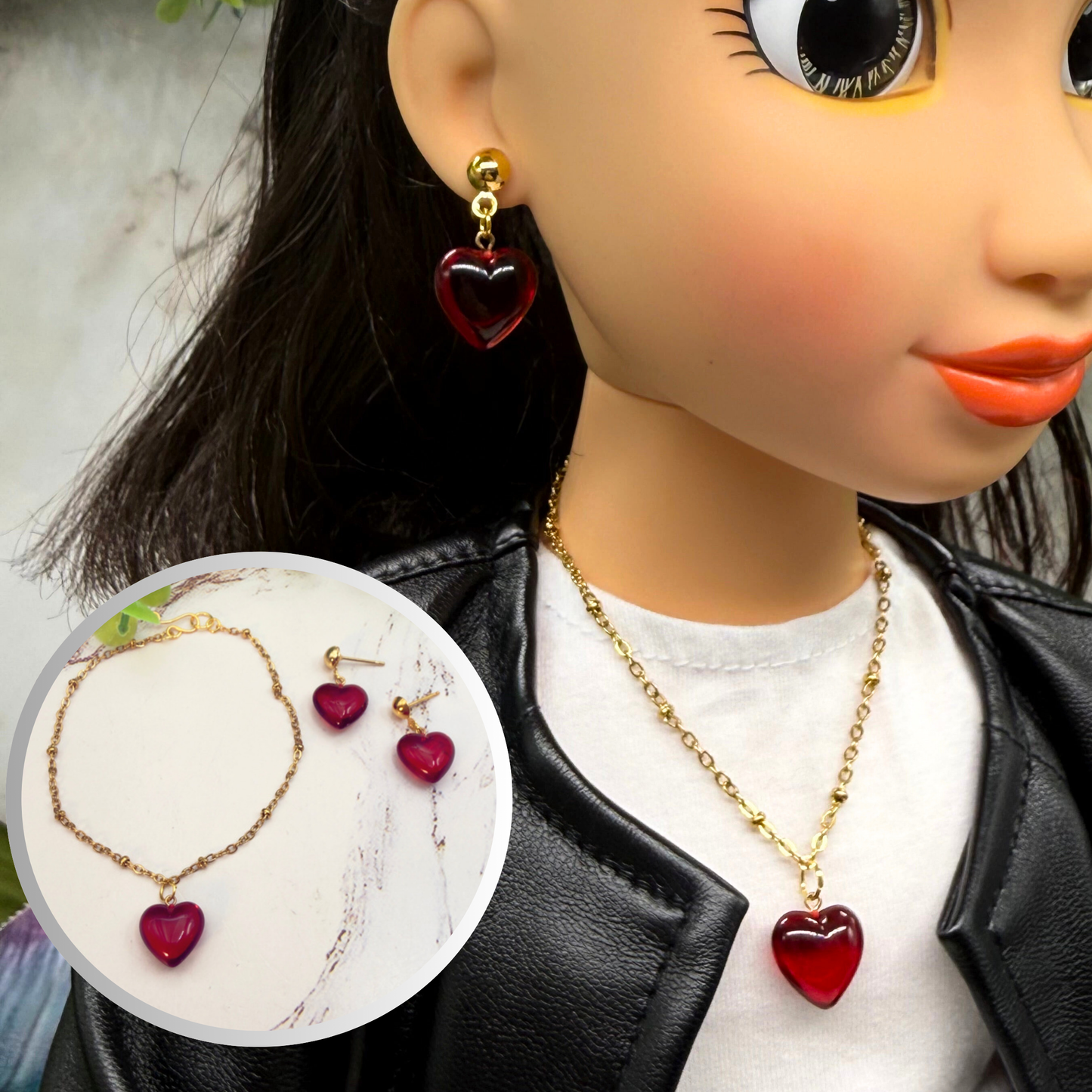 Burgundy Red Heart Charm Gold Chain Doll Necklace & Earrings Set • 18 Inch Fashion Doll Jewelry