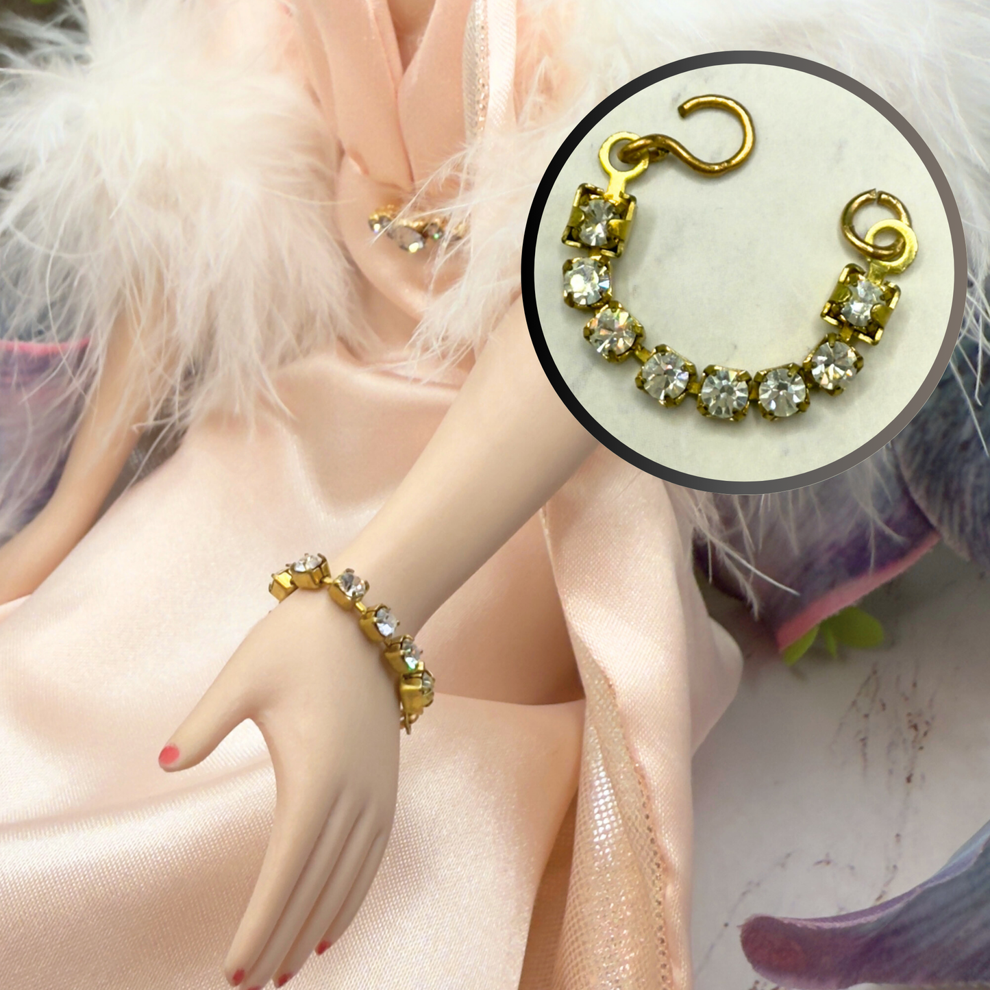 Clear Rhinestone Gold Tone Bracelet • 16 Inch Fashion Doll Jewelry