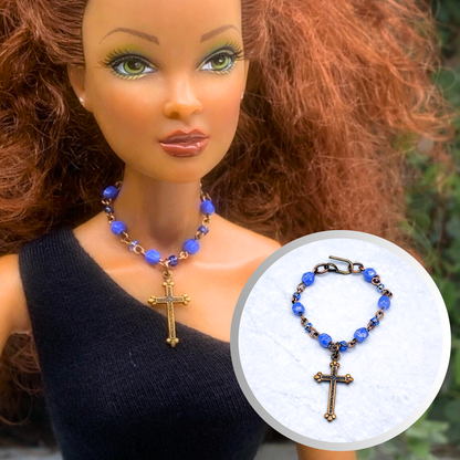 Blue Glass Cross Pendant Doll Necklace • 16 Inch Fashion Doll Jewelry