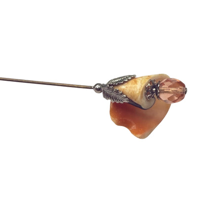 Coral Orange Cream Color Shell Hatpin Peach Crystal Accent Hatpin - 6 Inch