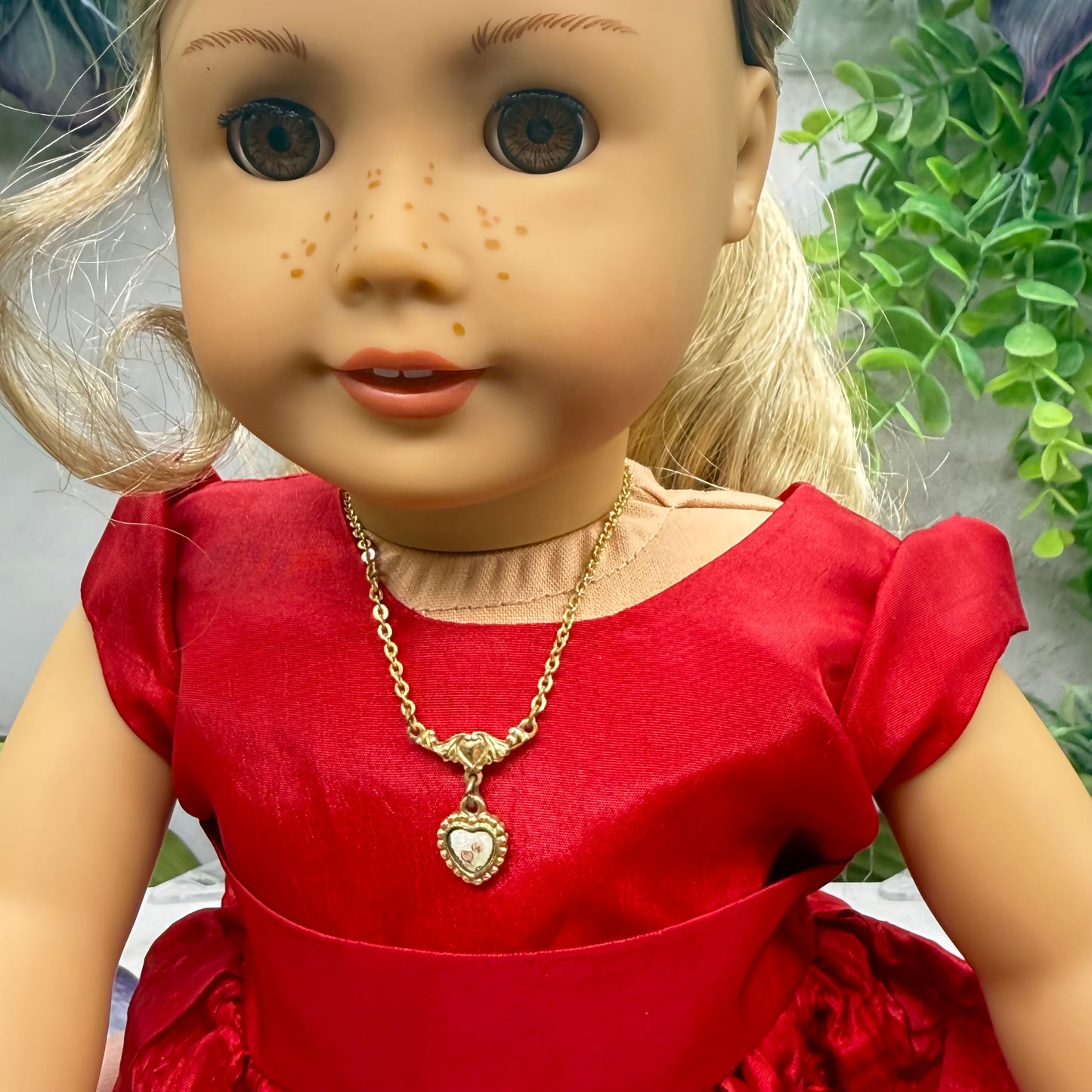 Gold Chain Enamel Rose Design Heart Pendant Doll Necklace • 18 Inch Fashion Doll Jewelry