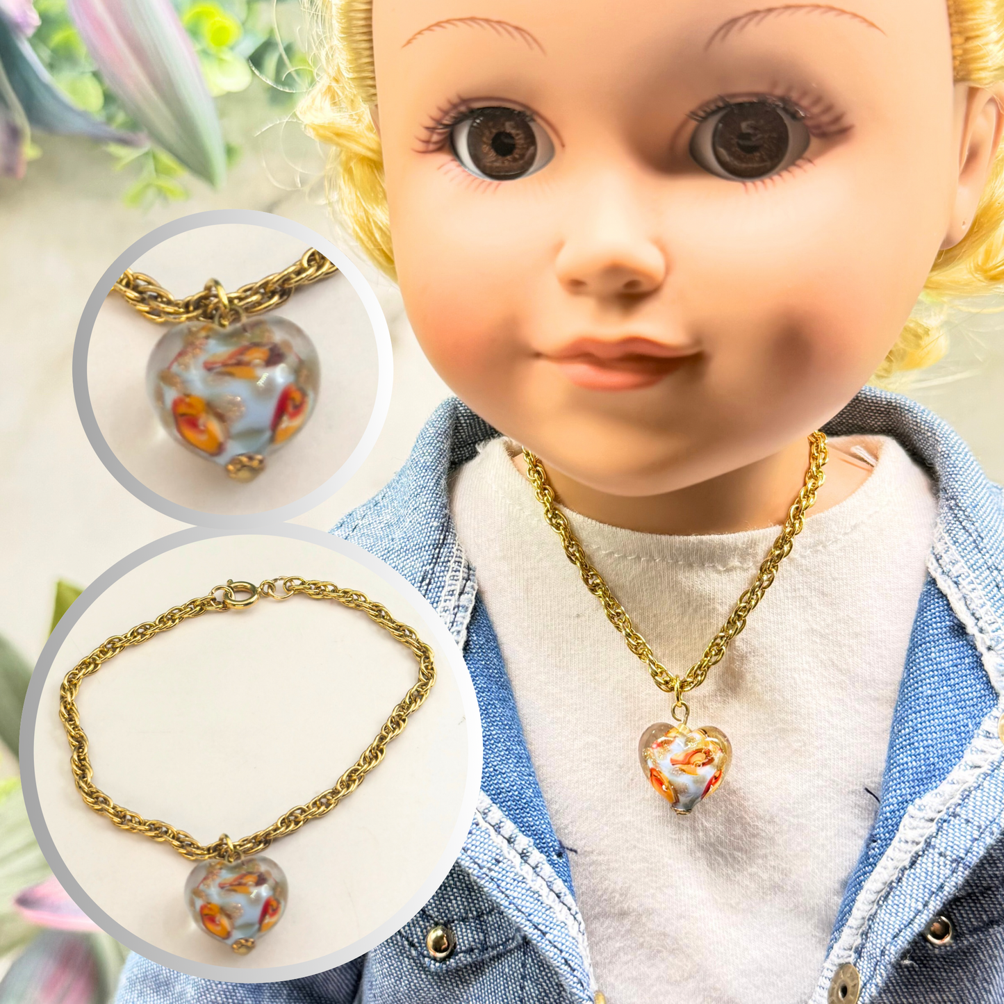 Orange Blue White Swirl Glass Heart Pendant Gold Chain Doll Necklace • 18 Inch Fashion Doll Jewelry