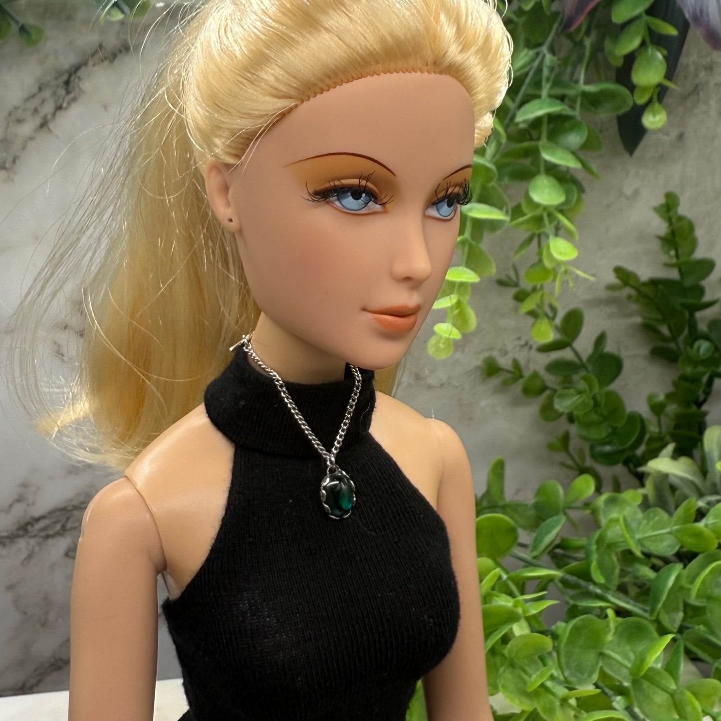 Oval Green Pendant Silver Chain Necklace • 16 inch Fashion Doll Jewelry