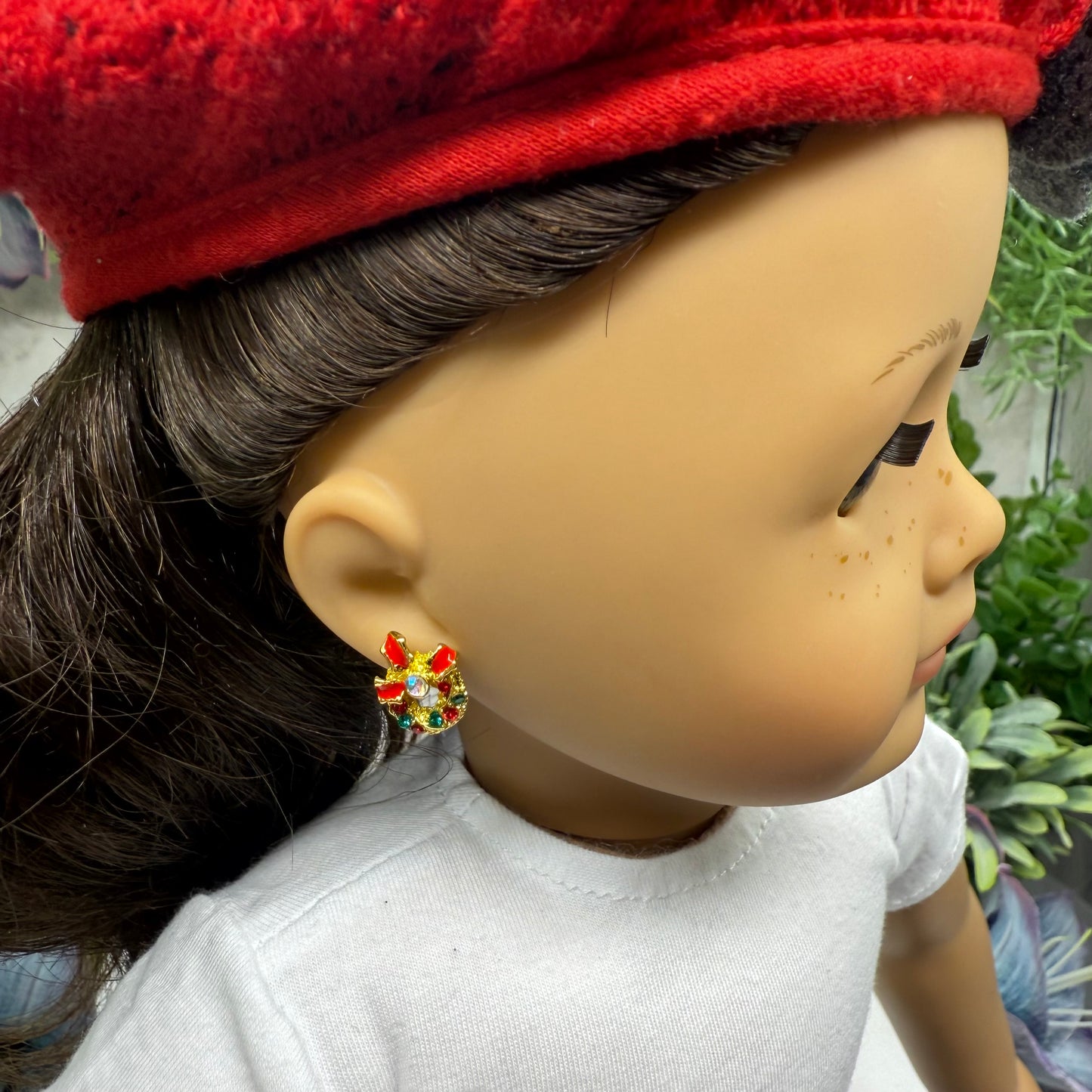 Christmas Wreath Gold Post Doll Earrings • 2mm Post for 18 Inch Fashion Doll