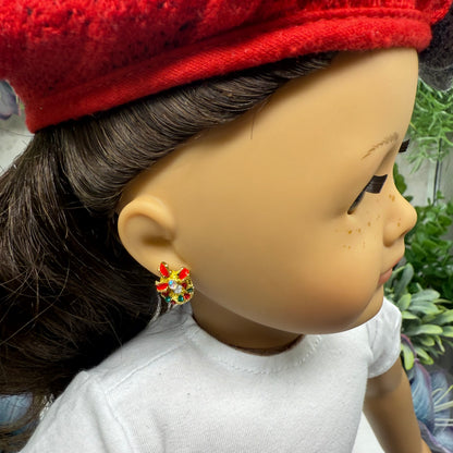 Christmas Wreath Gold Post Doll Earrings • 2mm Post for 18 Inch Fashion Doll