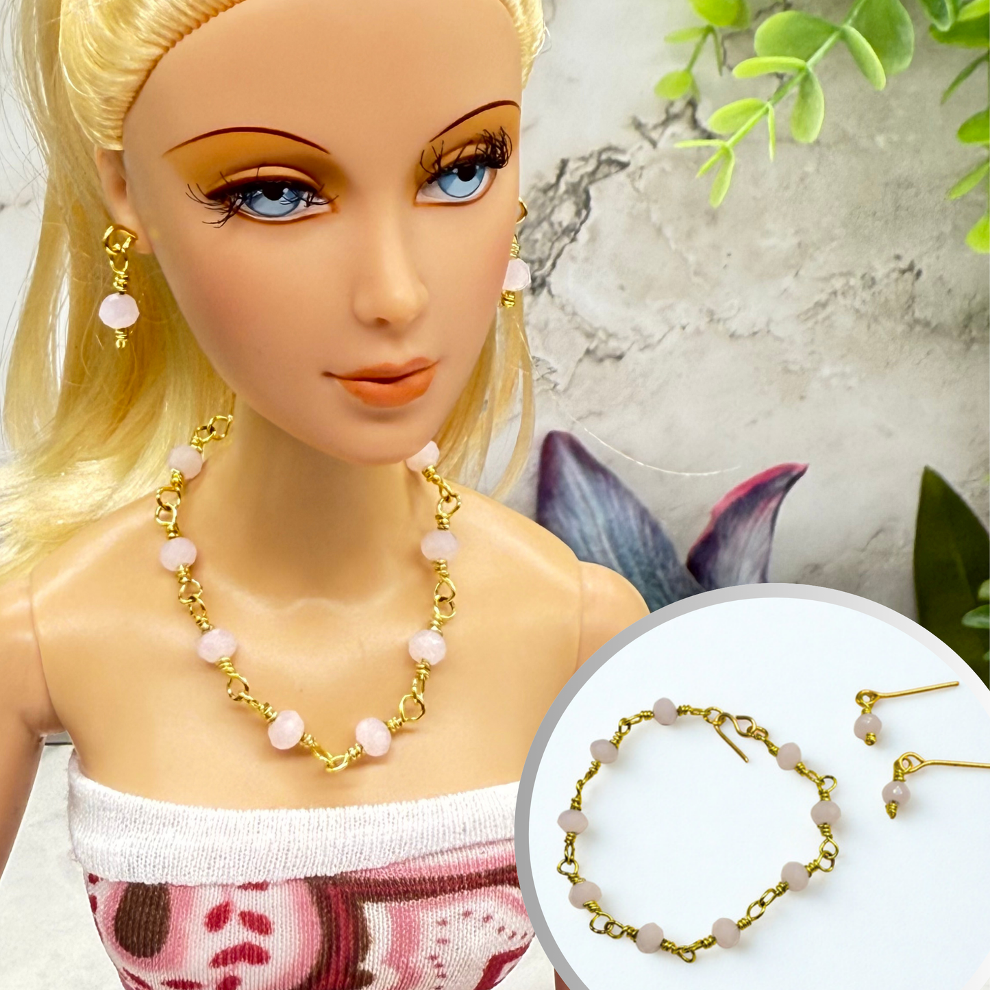 Light Pink Glass Beaded Gold Doll Necklace & Earrings • 16 Inch Fashion Doll Jewelry
