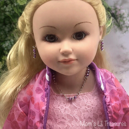Light Purple Lilac Pearl Silver Necklace Earrings Set • 18 inch Fashion Doll Jewelry