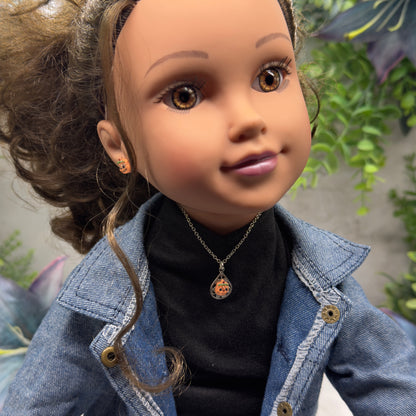 Pumpkin Halloween Pendant Silver Doll Necklace and Post Earrings • 18 Inch Fashion Doll Jewelry