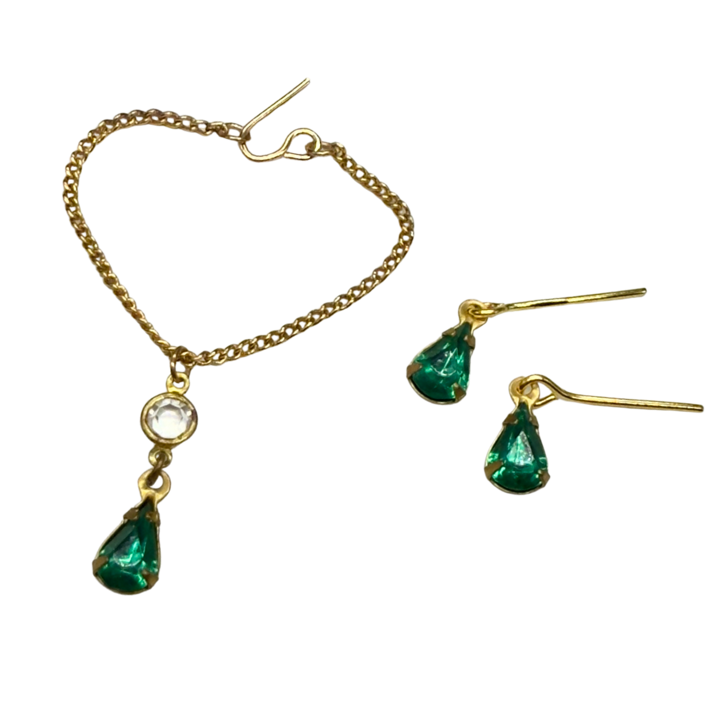 Green Rhinestone Teardrop Gold Doll Necklace Earring Set • 16 Inch Doll Jewelry