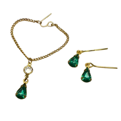 Green Rhinestone Teardrop Gold Doll Necklace Earring Set • 16 Inch Doll Jewelry