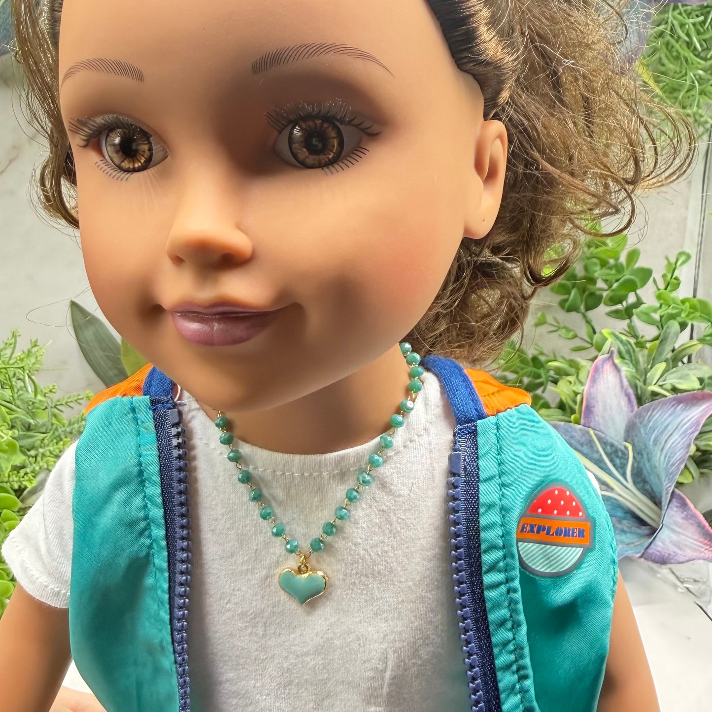 Turquoise Green Heart Charm Glass Beaded Doll Necklace • 18 Inch Fashion Doll Jewelry