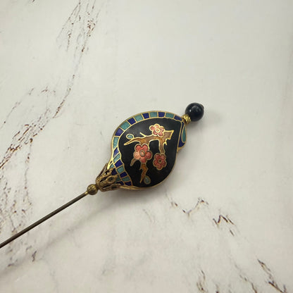 Black Shell Shape Cloisonné Cherry Blossom Branch Design Hatpin - 6 Inch