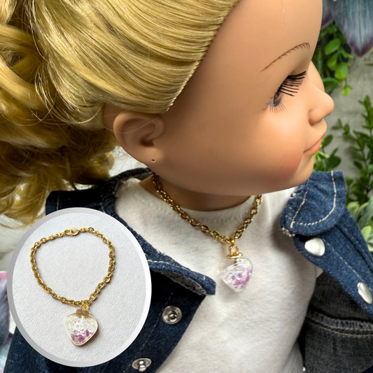 Glass Heart Shaped Pendant w/ Purple Clear Crystals (Glow in Dark) Gold Chain Doll Necklace • 18 Inch Fashion Doll Jewelry