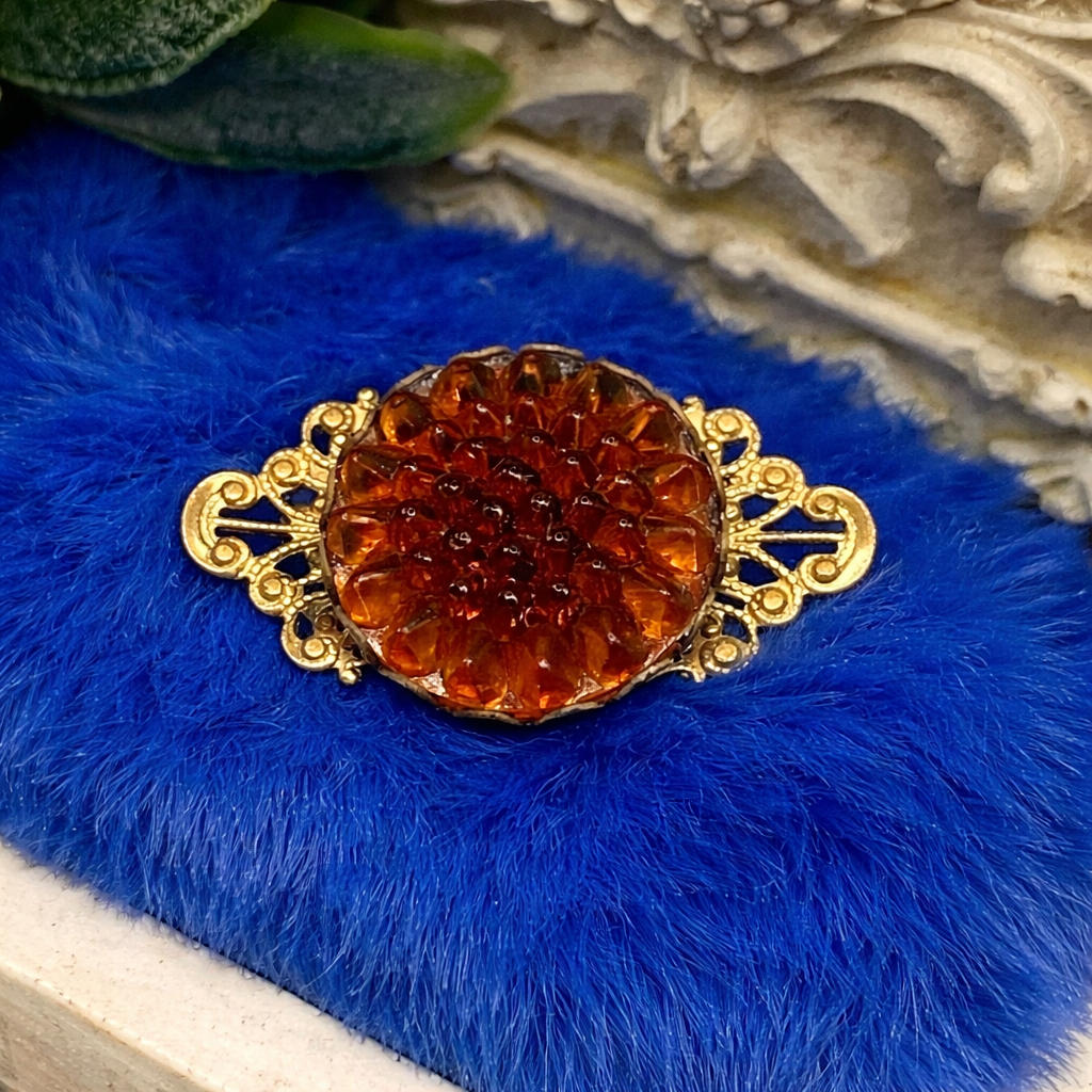 Gold Tone Filigree Brown Acrylic Button Flower Design • Doll Brooch