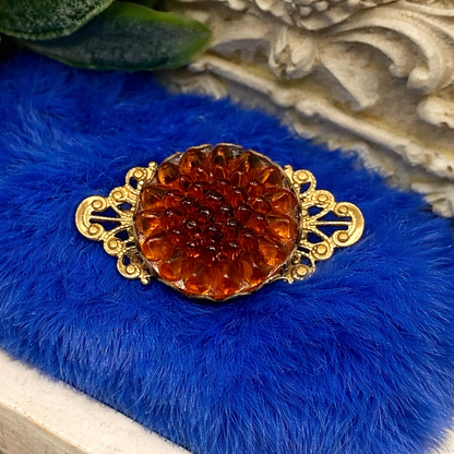 Gold Tone Filigree Brown Acrylic Button Flower Design • Doll Brooch