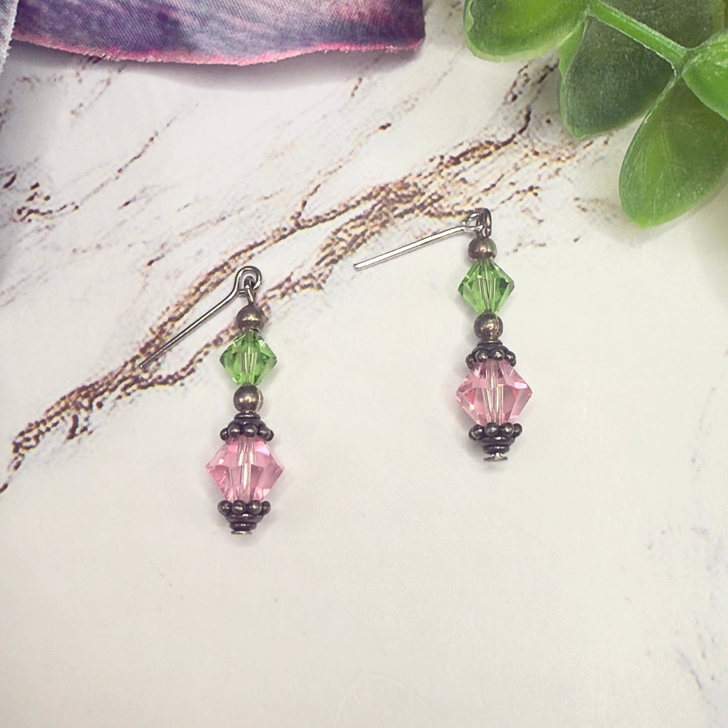 Light Green Pink Glass Crystal Dangle Doll Earrings • 18 Inch Fashion Doll Jewelry