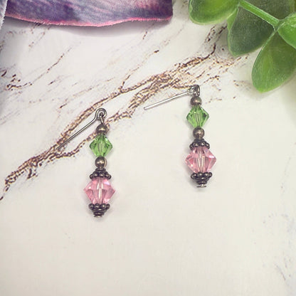Light Green Pink Glass Crystal Dangle Doll Earrings • 18 Inch Fashion Doll Jewelry