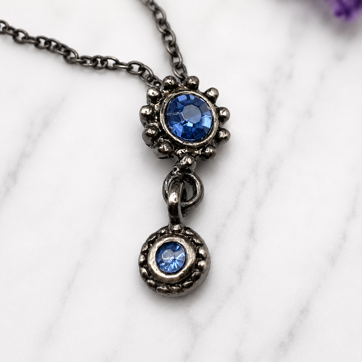 Blue Rhinestone Pendant Gun Metal Silver Chain Doll Necklace• 18 Inch Fashion Doll Jewelry