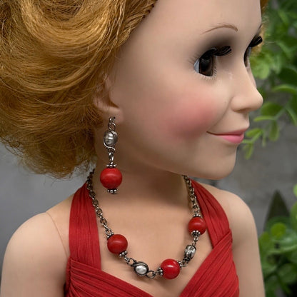 Candy Apple Red Pearl & Silver Doll Necklace & Earrings Set • 18 Inch Doll Jewelry