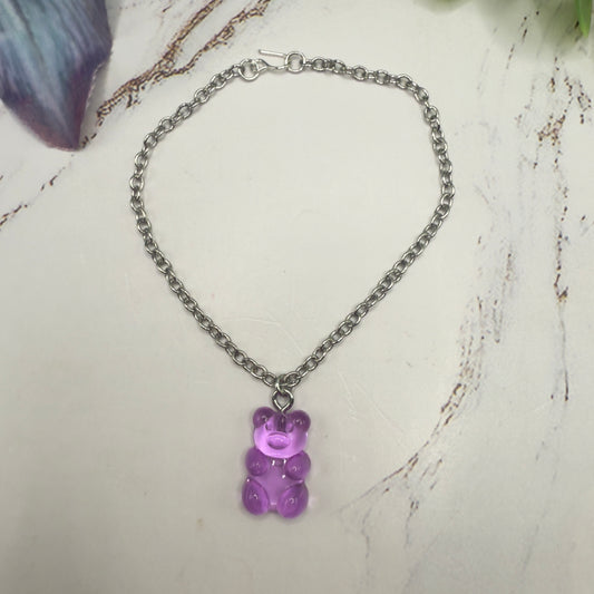 Translucent Purple Gummy Teddy Bear Charm Doll Necklace • 18 Inch Fashion Doll Jewelry