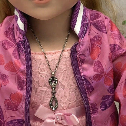 Red AB Rhinestone Dangle Pendant Gun Metal Doll Necklace • 18 Inch Doll Jewelry