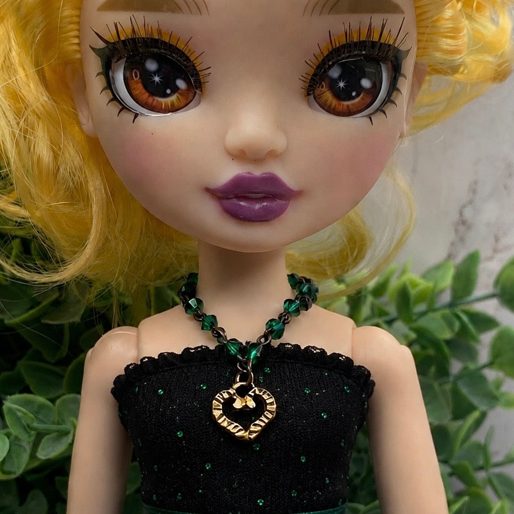 Green Crystal Bead Gold Heart Pendant Doll Necklace • 10-12” Fashion Doll Jewelry