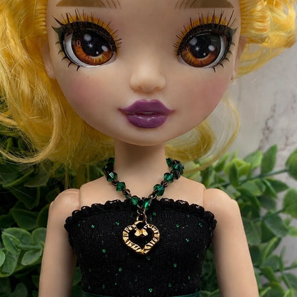 Green Crystal Bead Gold Heart Pendant Doll Necklace • 10-12” Fashion Doll Jewelry