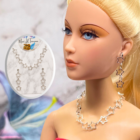 Open Work Silver Star Chain Doll Necklace & Earrings Set for 16 Inch Fashion Doll