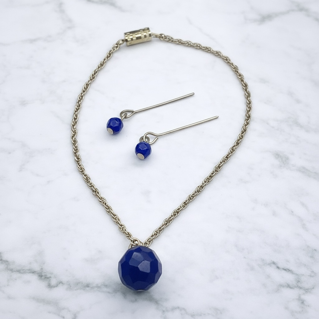 Blue Glass Drop Pendant Doll Necklace Earrings Set • 18 Inch Doll Jewelry