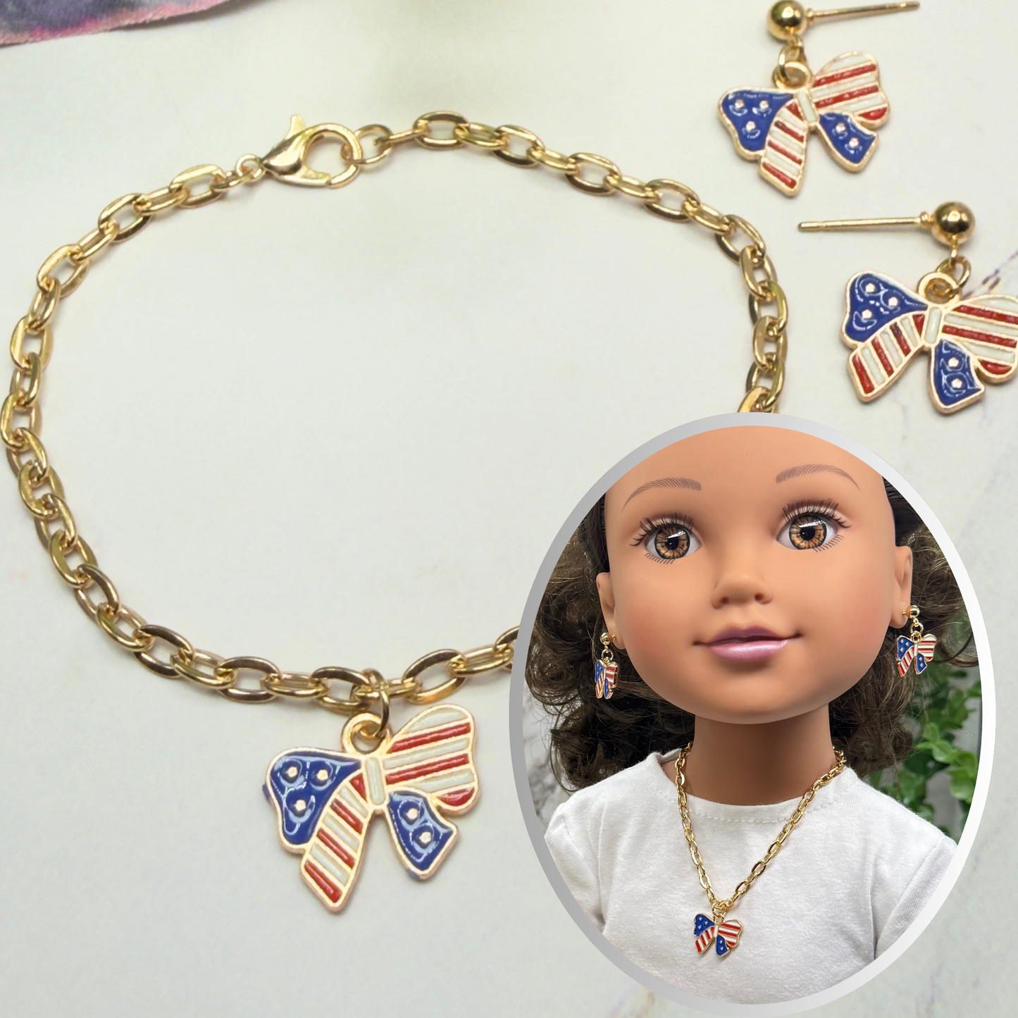 American Flag Bow Charm (Red White Blue) Doll Necklace & Earrings for 18 Inch Fashion Doll