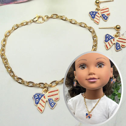 American Flag Bow Charm (Red White Blue) Doll Necklace & Earrings for 18 Inch Fashion Doll