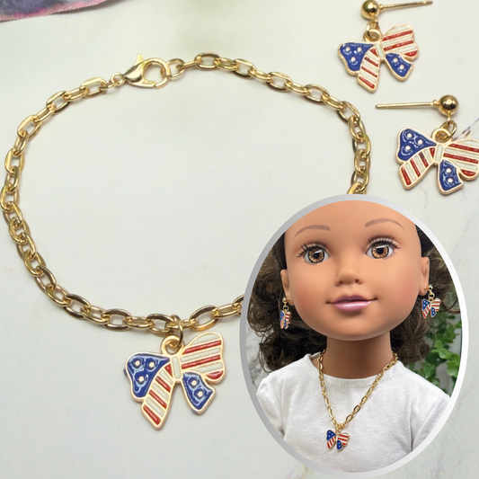 American Flag Bow Charm (Red White Blue) Doll Necklace & Earrings for 18 Inch Fashion Doll