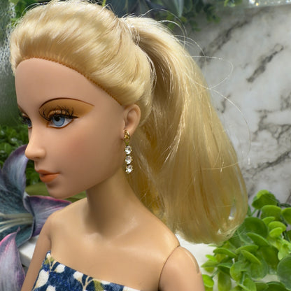 Gold 3 Clear Rhinestone Dangle Doll Earrings • 16 Inch Fashion Doll Jewelry