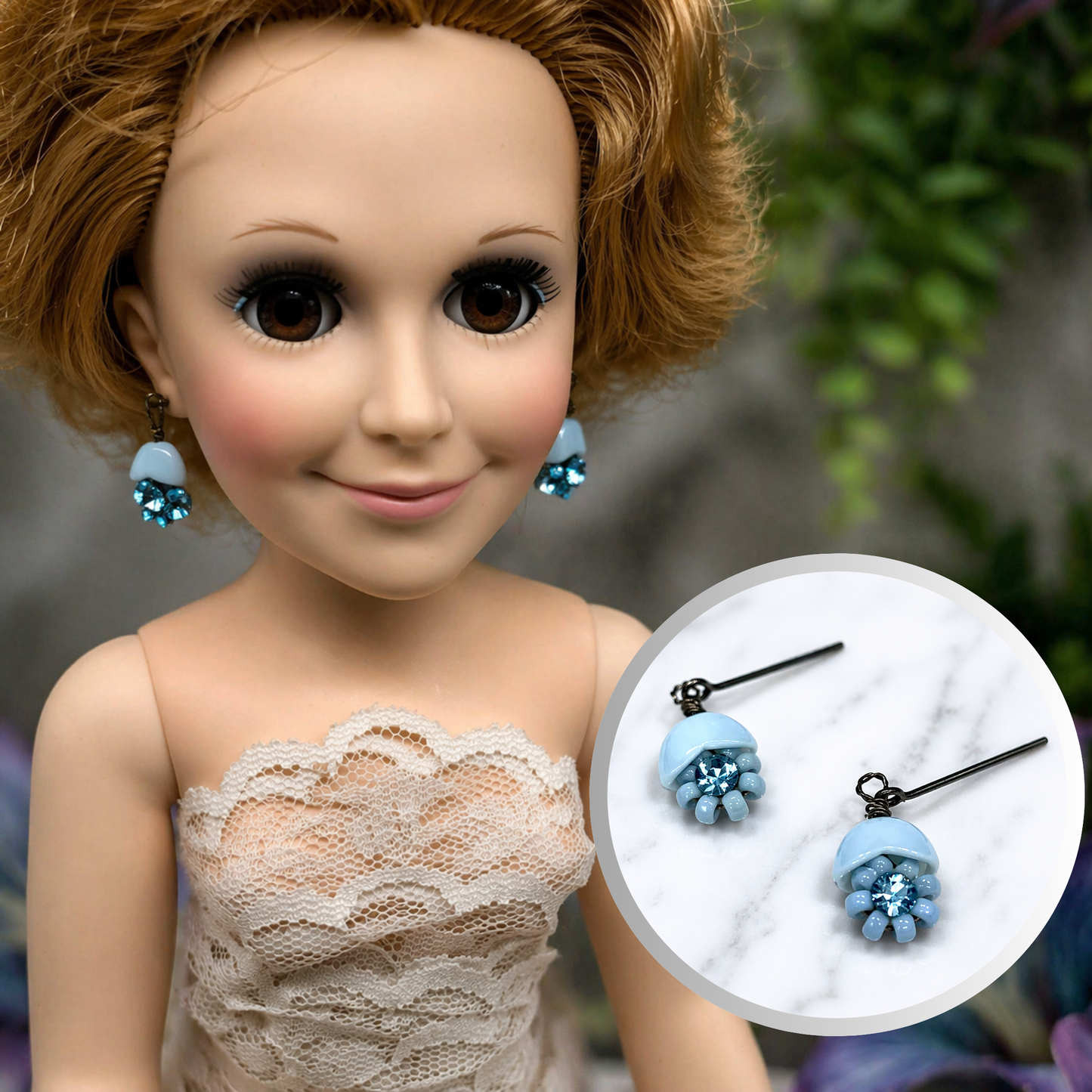 Light Blue Glass Rhinestone Flower Dangle Doll Earrings for 18-22” Vintage Doll